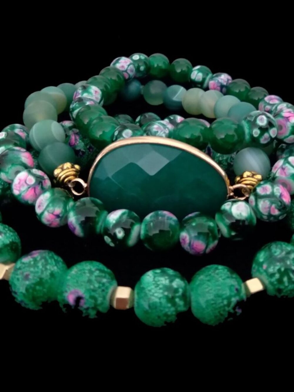 Handcrafted Green  Multistone Quartz Charm Stretch Bracelet Stack